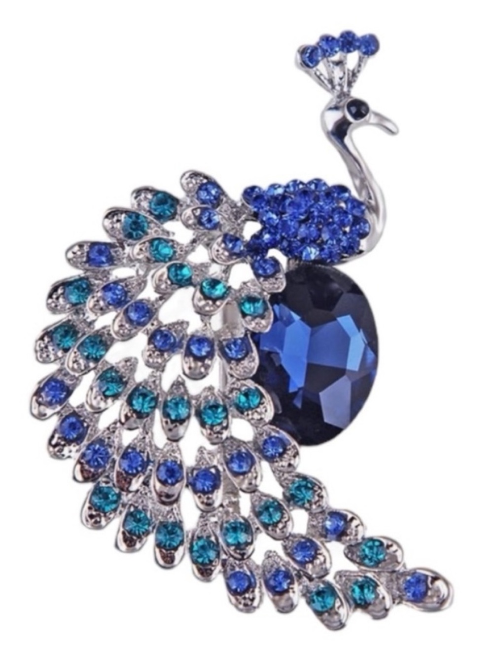 Blue Crystal Peacock Brooch Statement Rhinestone Pin Silver Tone - Picture 2 of 5